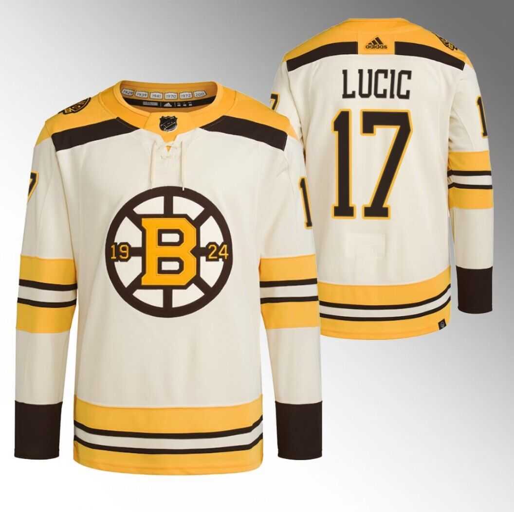 Mens Boston Bruins #17 Milan Lucic Cream 100th Anniversary StitchedStitched Jersey Dzhi